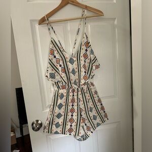 White and Blue Floral Striped Jumpsuit with V-Neck